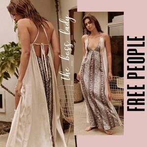 Free People maxi dress floral slip satin slit crochet lace strappy back boho